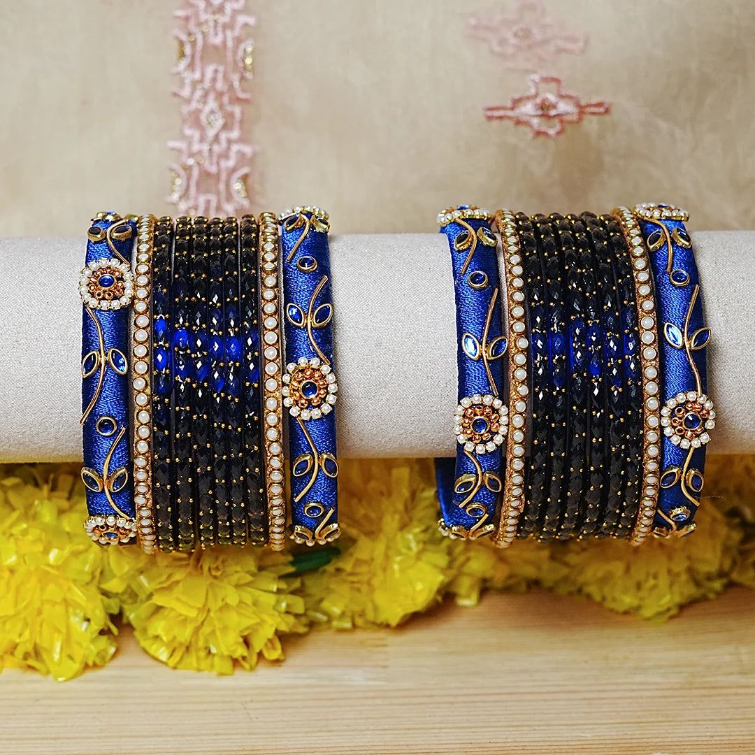 Traditional Thread Work Mini Glass Bangles Set for Women (Both Hands)