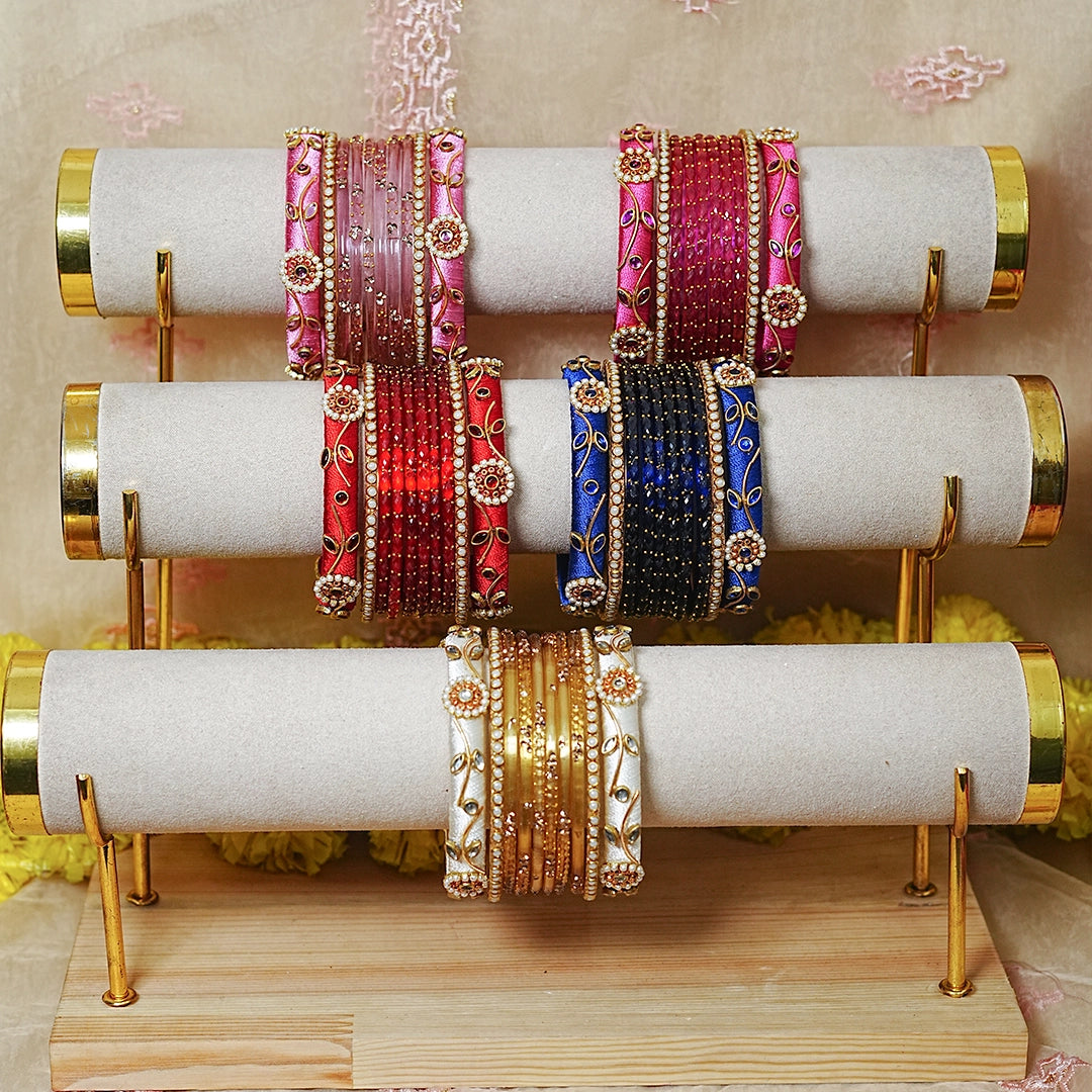 Traditional Thread Work Mini Glass Bangles Set for Women (Both Hands)