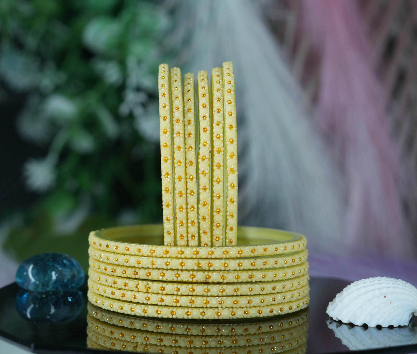 Glass Bangle with Golden Ball Studded for Women & Girls (Pack of 12 Bangles)