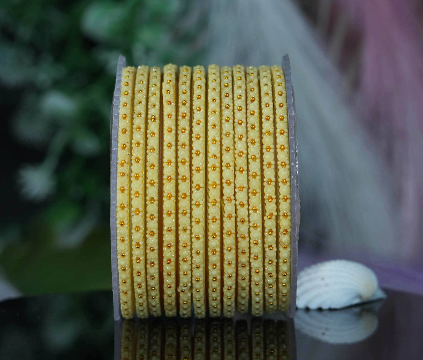 Glass Bangle with Golden Ball Studded for Women & Girls (Pack of 12 Bangles)