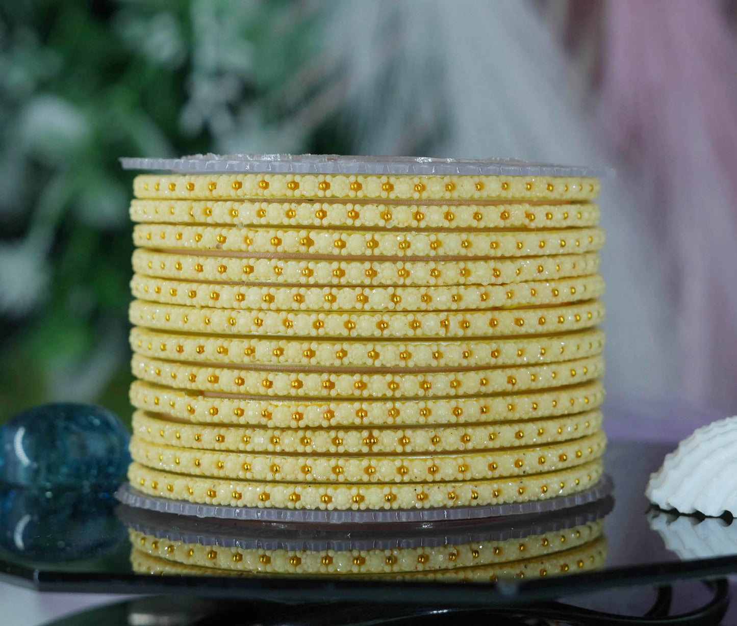 Glass Bangle with Golden Ball Studded for Women & Girls (Pack of 12 Bangles)