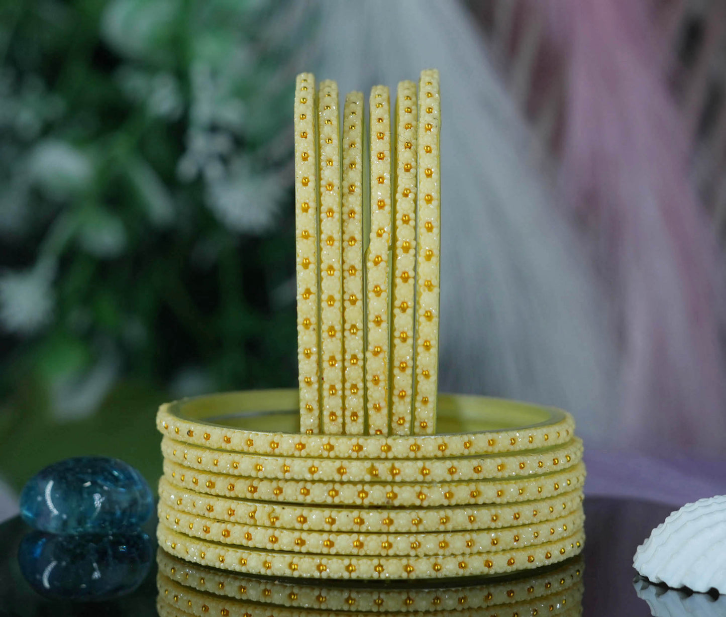 Glass Bangle with Golden Ball Studded for Women & Girls (Pack of 12 Bangles)