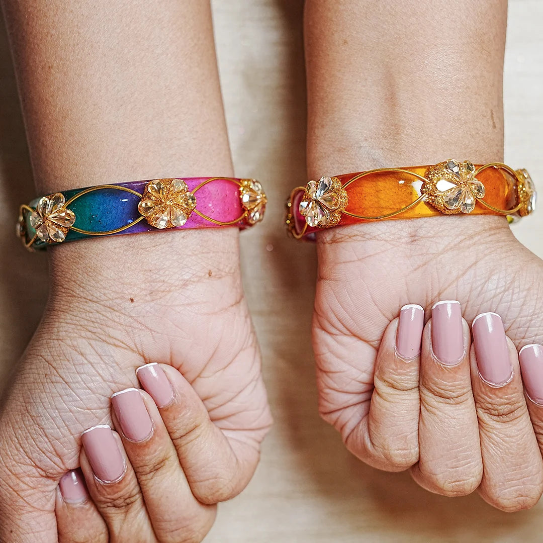 Flower Design Kundan Work Glass Kada Bangle for Women & Girls (Pack of 2)