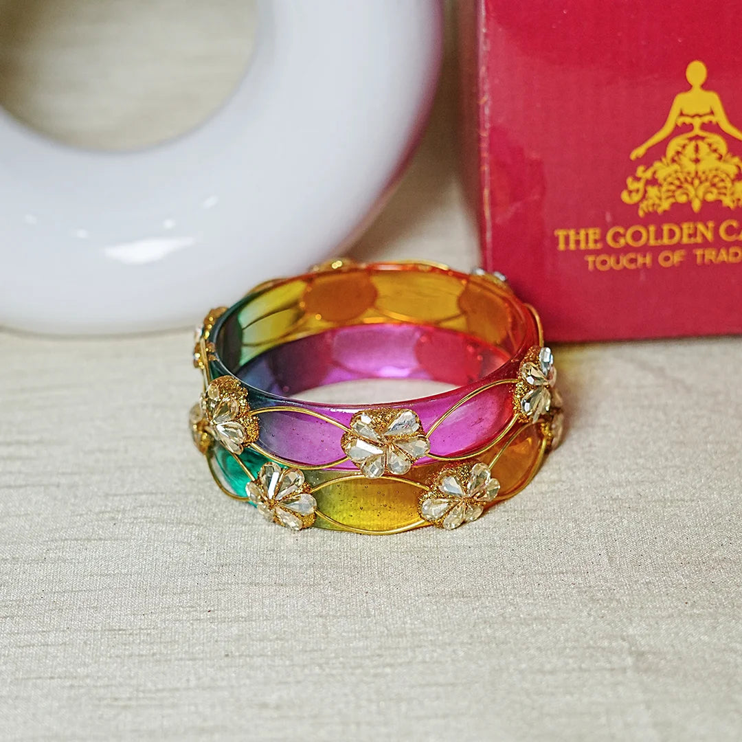 Flower Design Kundan Work Glass Kada Bangle for Women & Girls (Pack of 2)