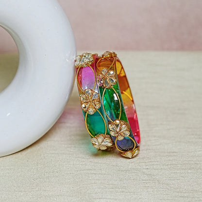 Flower Design Kundan Work Glass Kada Bangle for Women & Girls (Pack of 2)