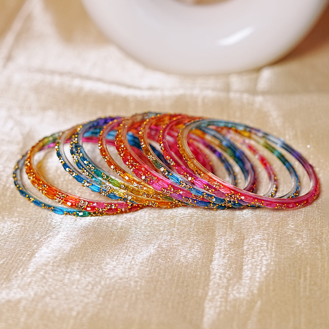 Multiple Color Glass Bangle with Beads Studded for Women & Girls (Pack of 12 Bangles)