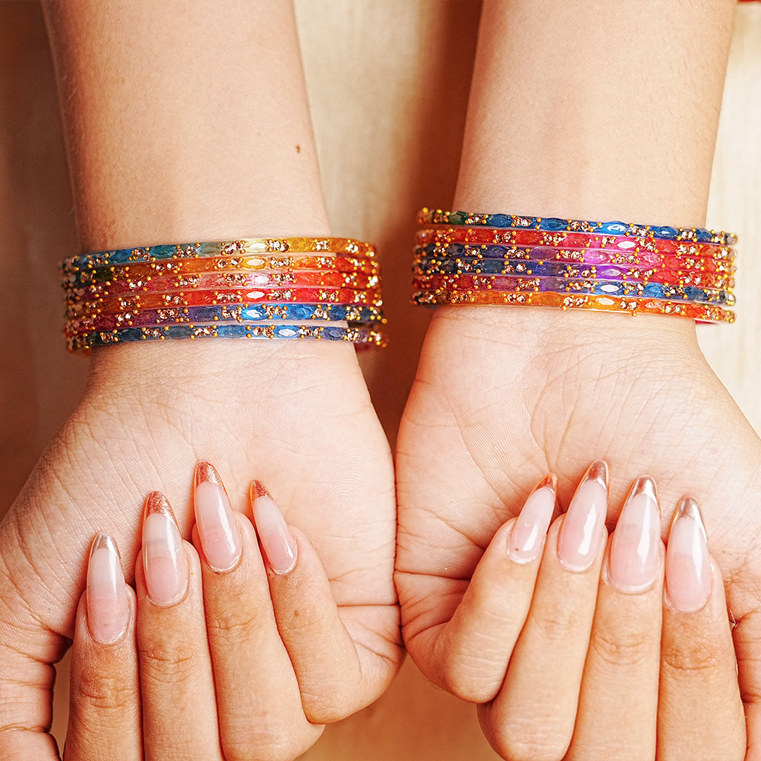 Multiple Color Glass Bangle with Beads Studded for Women & Girls (Pack of 12 Bangles)