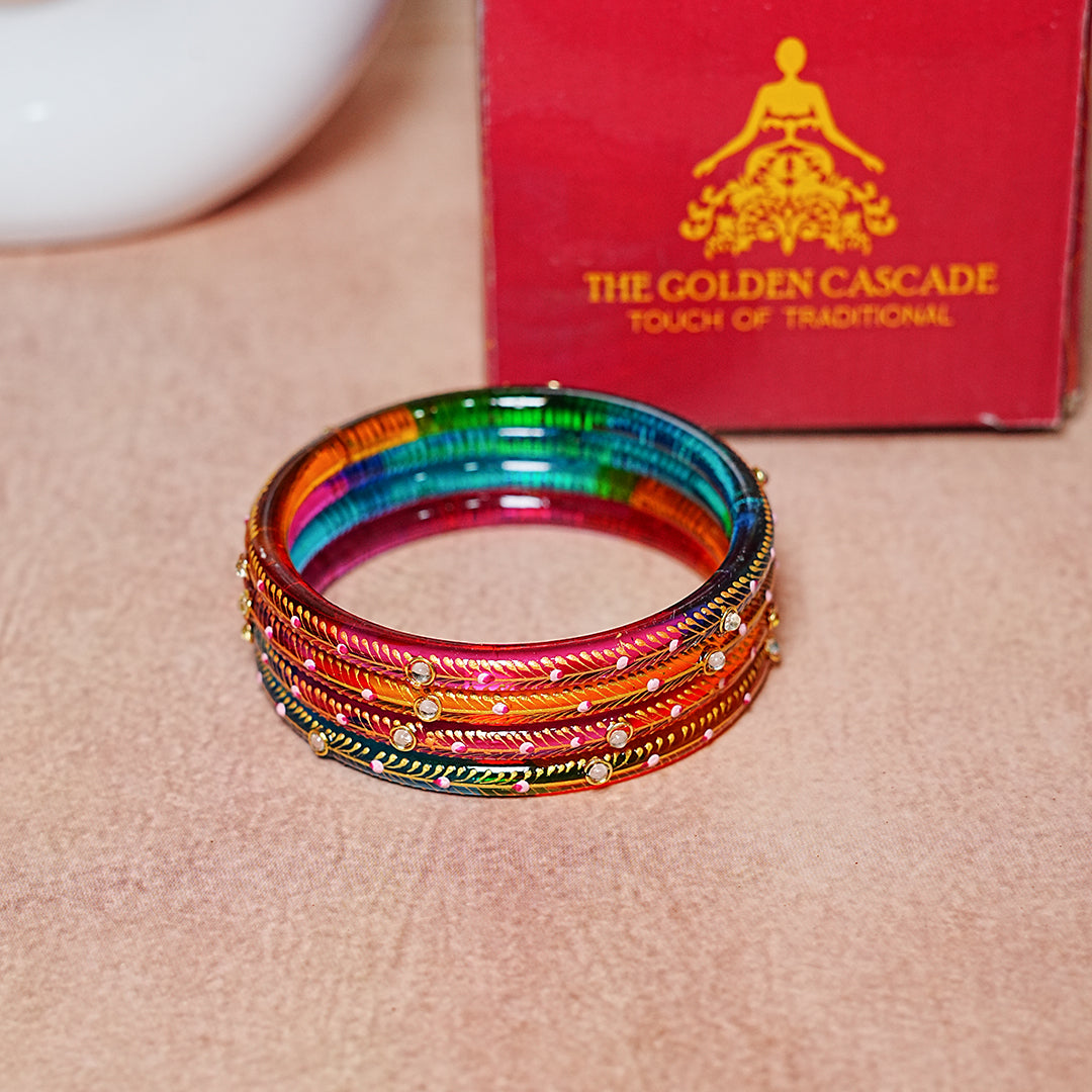 Glass Kada Bangles for Women & Girls | Meenakari with Stone Work (Pack of 4 kada)