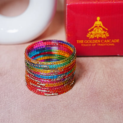 Traditional Glass Bangle with Golden Balls & Beads Studded for Women & Girls (Pack of 12 Bangles)