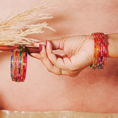 Glass Bangle with Beads Studded for Women & Girls (Pack of 12 Bangles)