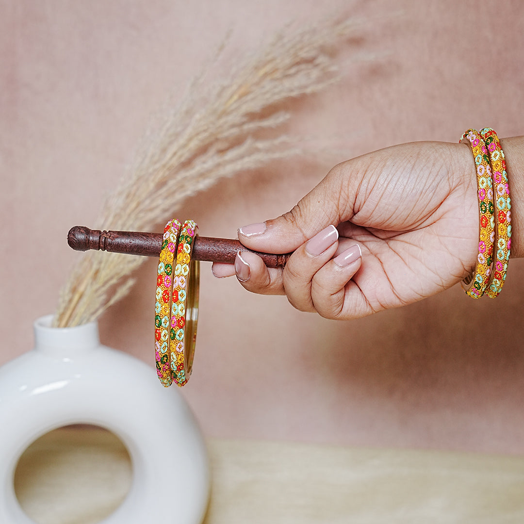 Golden Ball Studded Handcrafted Glass Kada Bangles for Women & Girls (Pack of 4 Kada)