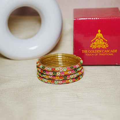 Golden Ball Studded Handcrafted Glass Kada Bangles for Women & Girls (Pack of 4 Kada)