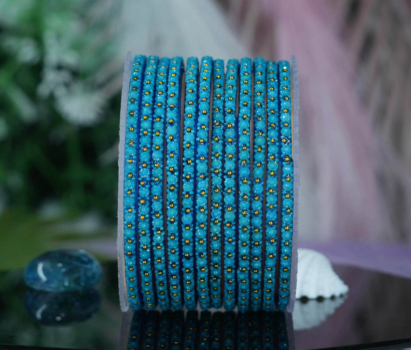Glass Bangle with Golden Ball Studded for Women & Girls (Pack of 12 Bangles)