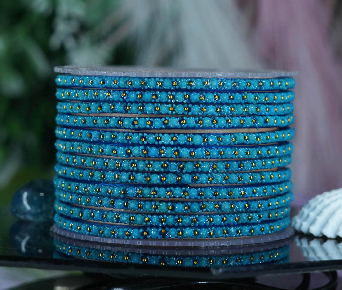 Glass Bangle with Golden Ball Studded for Women & Girls (Pack of 12 Bangles)