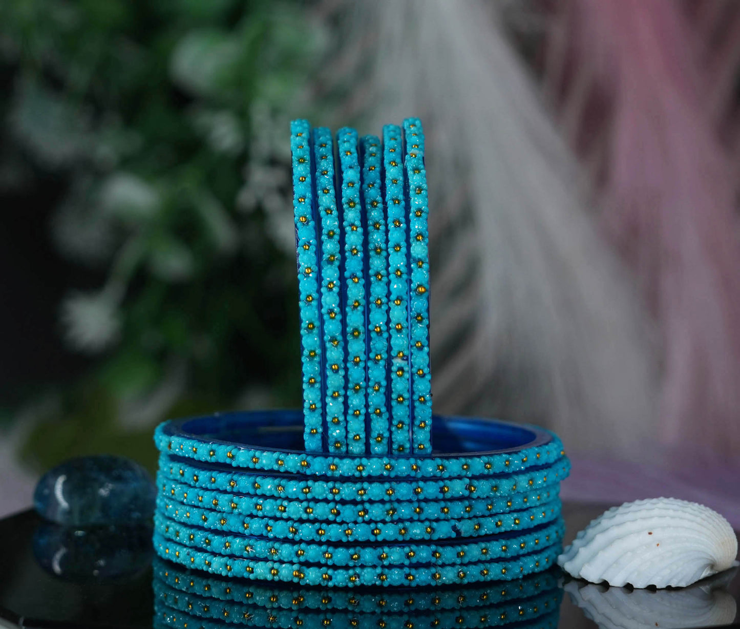 Glass Bangle with Golden Ball Studded for Women & Girls (Pack of 12 Bangles)