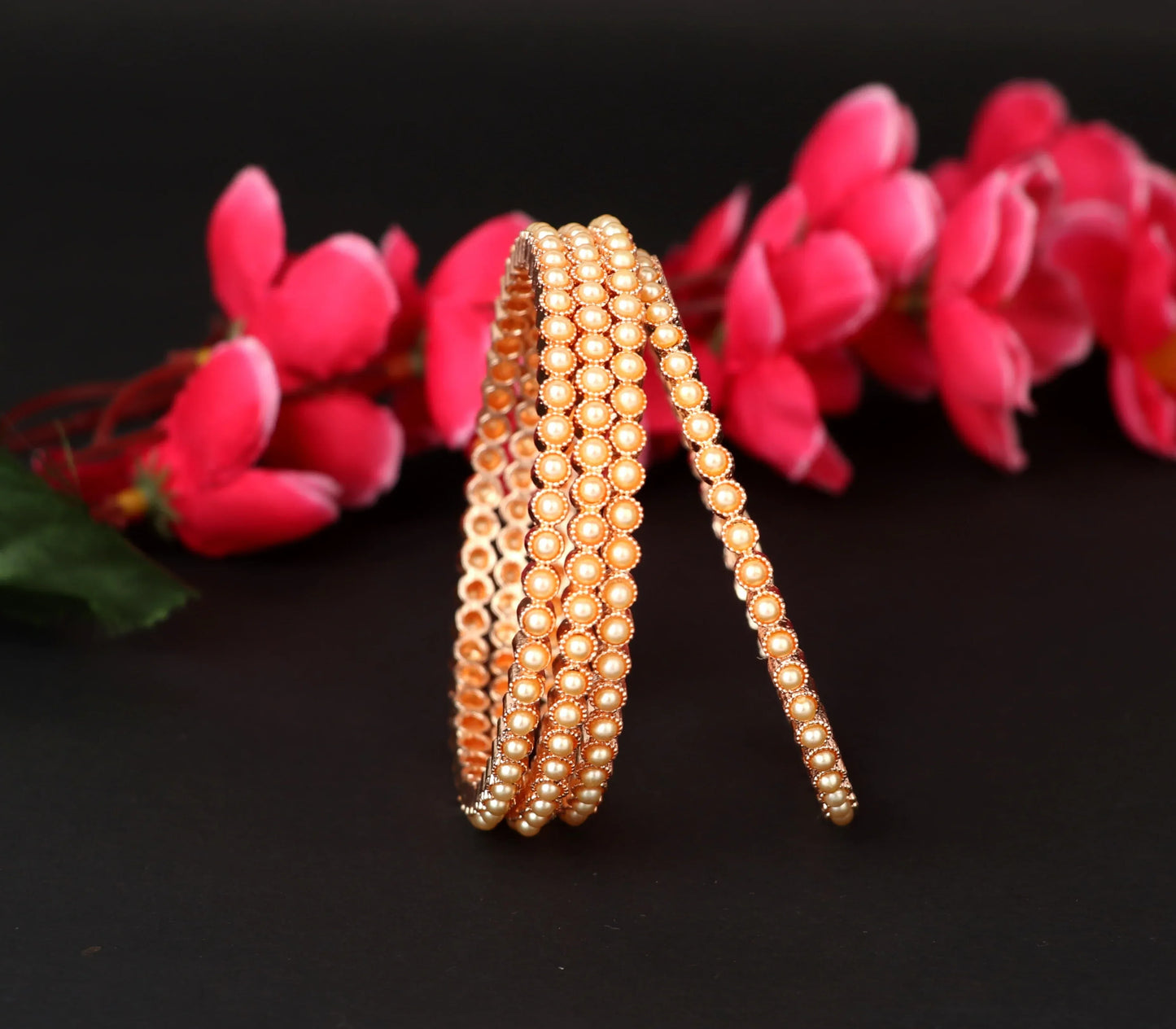 Gold Pearl Studded Metal Kada for Women (Pack Of 2)