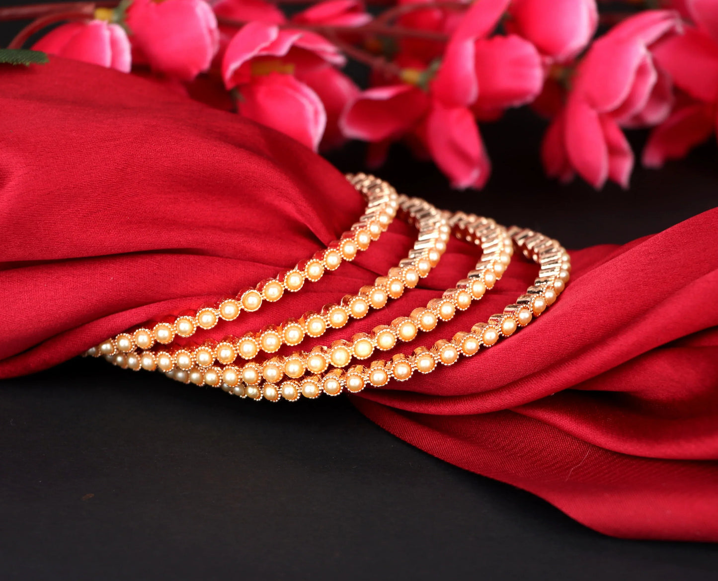 Gold Pearl Studded Metal Kada for Women (Pack Of 2)