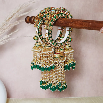 Green Color Rajwadi Wedding Latkan Kada Traditional Jewelry for Women (Pack of 2)