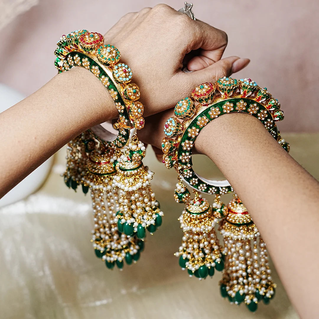 Green Color Rajwadi Wedding Latkan Kada Traditional Jewelry for Women (Pack of 2)