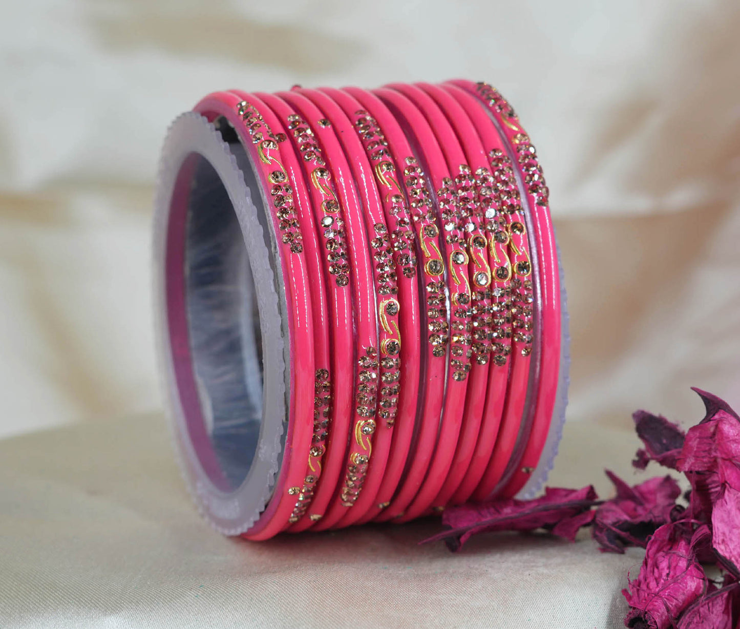Traditional Glass Bangles with Zircon Beads Studded for Women & Girls (Pack of 12 bangles)