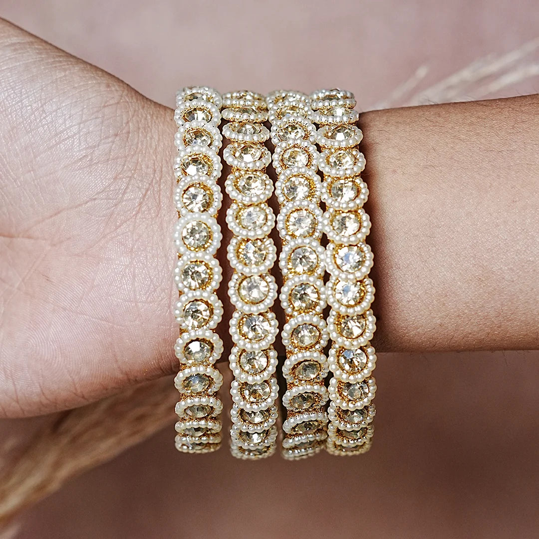 Traditional Designer Glass Kada Bangles | Kundan Pearl Studded (Pack of 4)