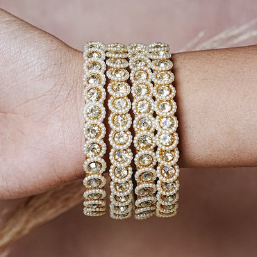 Traditional Designer Glass Kada Bangles | Kundan Pearl Studded (Pack of 4)