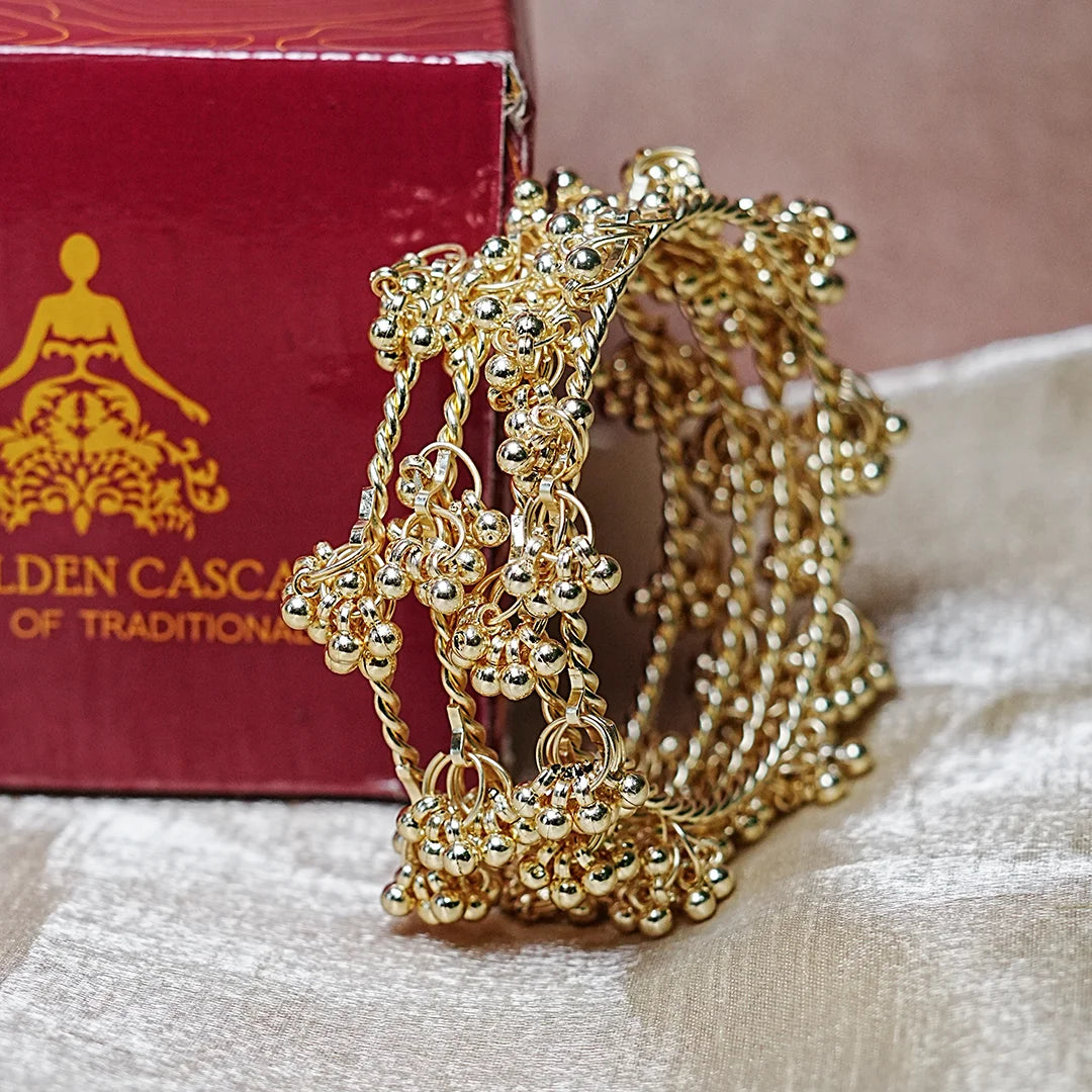 Ghungru Style Antique Gold Polished Metal Kada Bangles (Pack of 4)