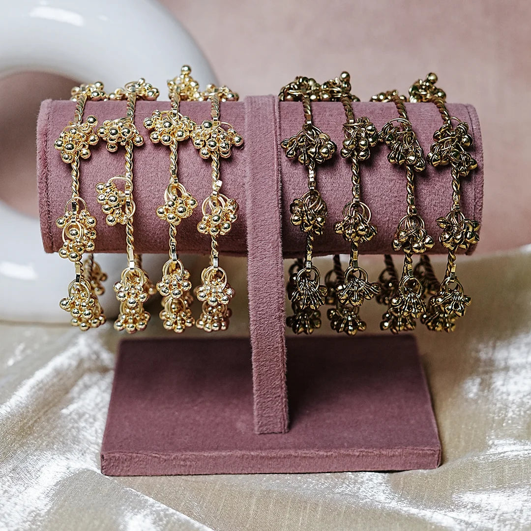 Ghungru Style Antique Gold Polished Metal Kada Bangles (Pack of 4)