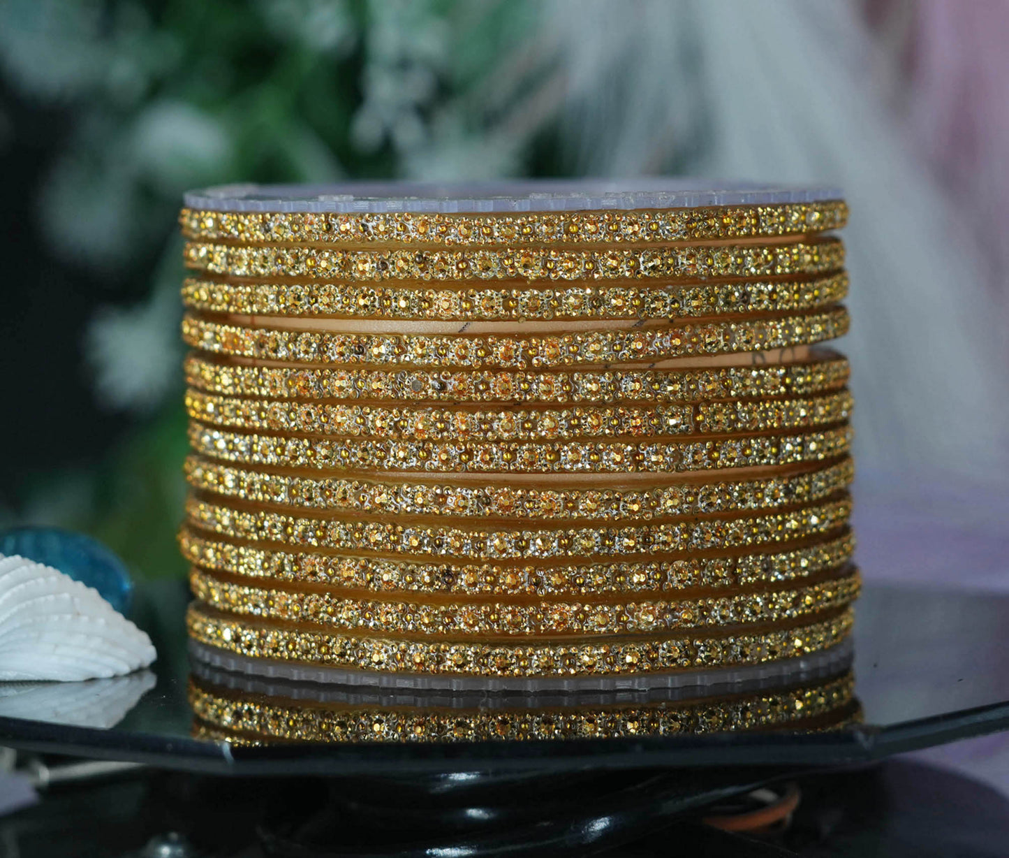 Glass Bangle with Golden Ball Studded for Women & Girls (Pack of 12 Bangles)
