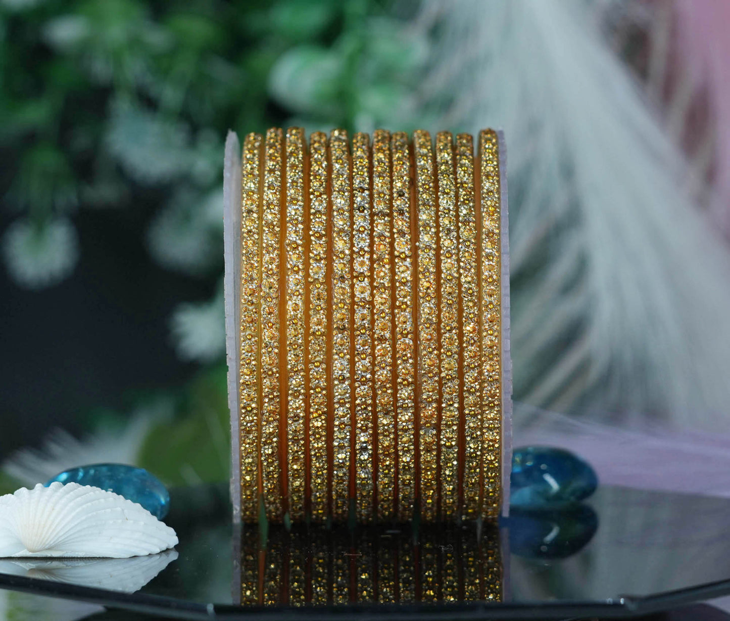 Glass Bangle with Golden Ball Studded for Women & Girls (Pack of 12 Bangles)