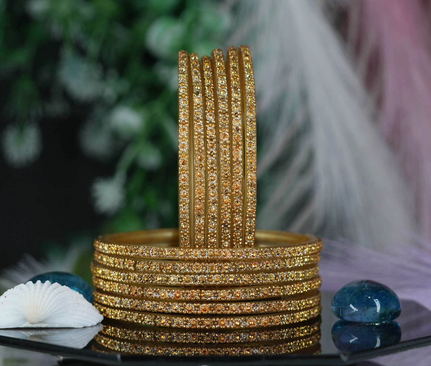 Glass Bangle with Golden Ball Studded for Women & Girls (Pack of 12 Bangles)