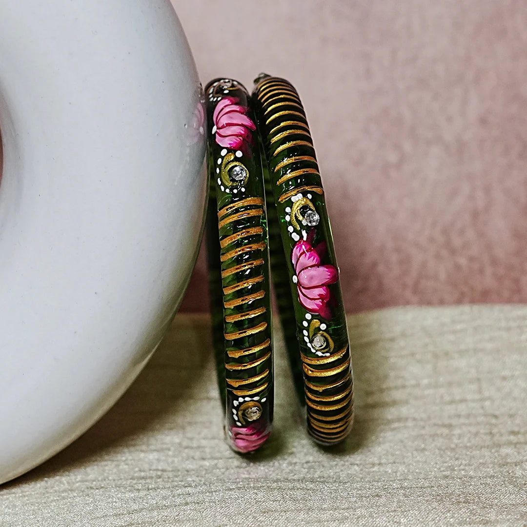 Elegant Lotus Design Printed Glass Kada for Women & Girls (Pack of 2)