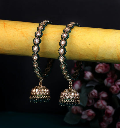 Traditional Kundan Studded Metal Kada with Jhumki for Women (Pack Of 2)