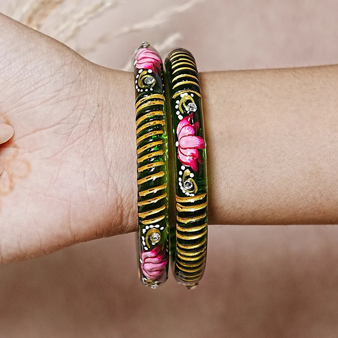 Elegant Lotus Design Printed Glass Kada for Women & Girls (Pack of 2)