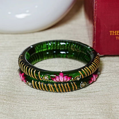 Elegant Lotus Design Printed Glass Kada for Women & Girls (Pack of 2)