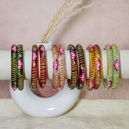 Elegant Lotus Design Printed Glass Kada for Women & Girls (Pack of 2)