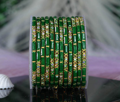 Zircon Gemstone Studded Glass Bangles for Women & Girls (Pack of 12 Bangles)
