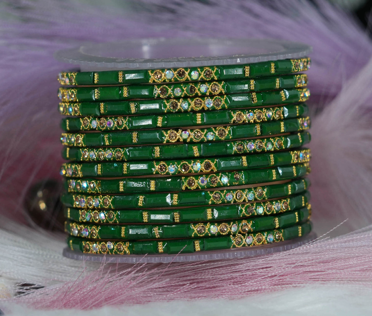 Zircon Gemstone Studded Glass Bangles for Women & Girls (Pack of 12 Bangles)