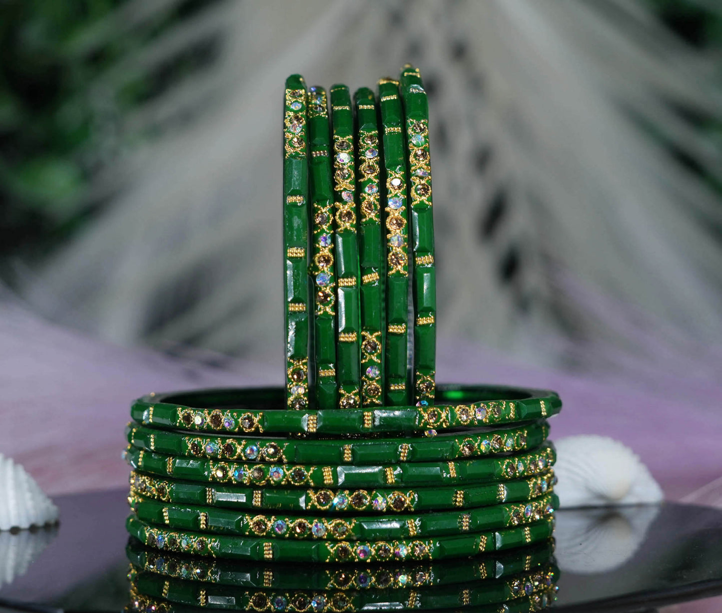 Zircon Gemstone Studded Glass Bangles for Women & Girls (Pack of 12 Bangles)