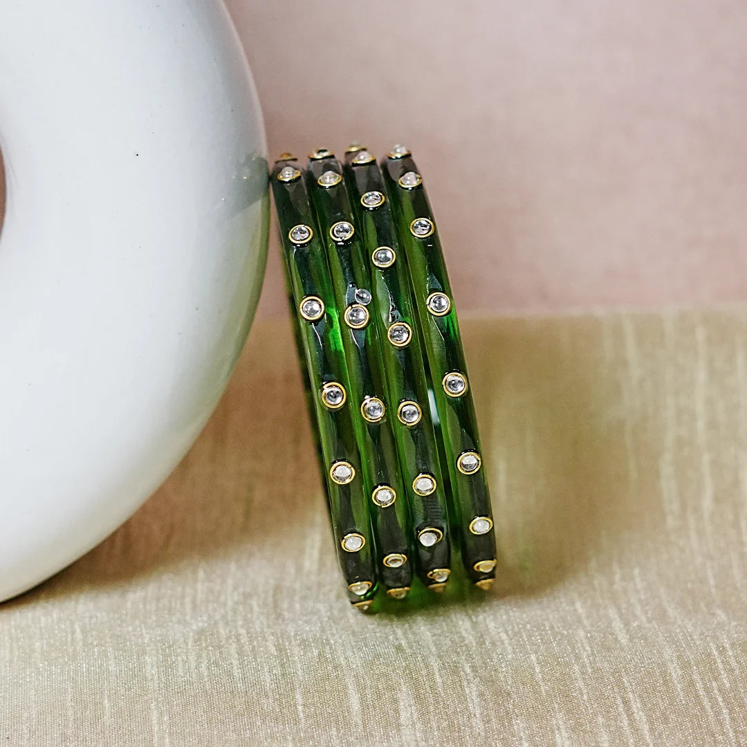 Fancy Glass Kada Bangles with Kundan Work and Smooth Finish for Women & Girls (Pack of 4)