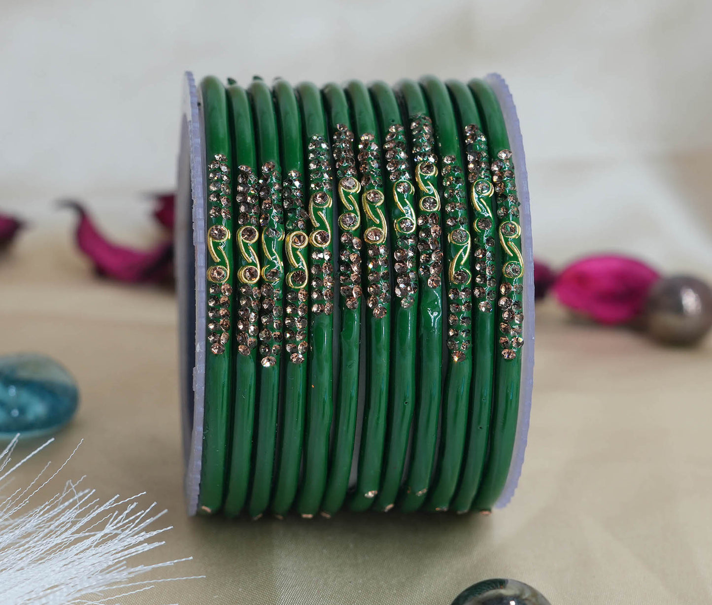 Traditional Glass Bangles with Zircon Beads Studded for Women & Girls (Pack of 12 bangles)