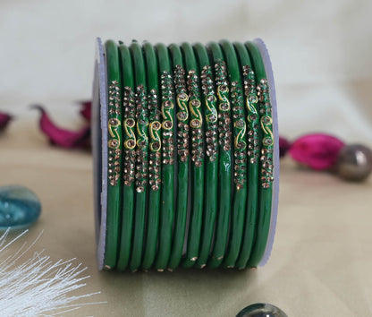 Traditional Glass Bangles with Zircon Beads Studded for Women & Girls (Pack of 12 bangles)