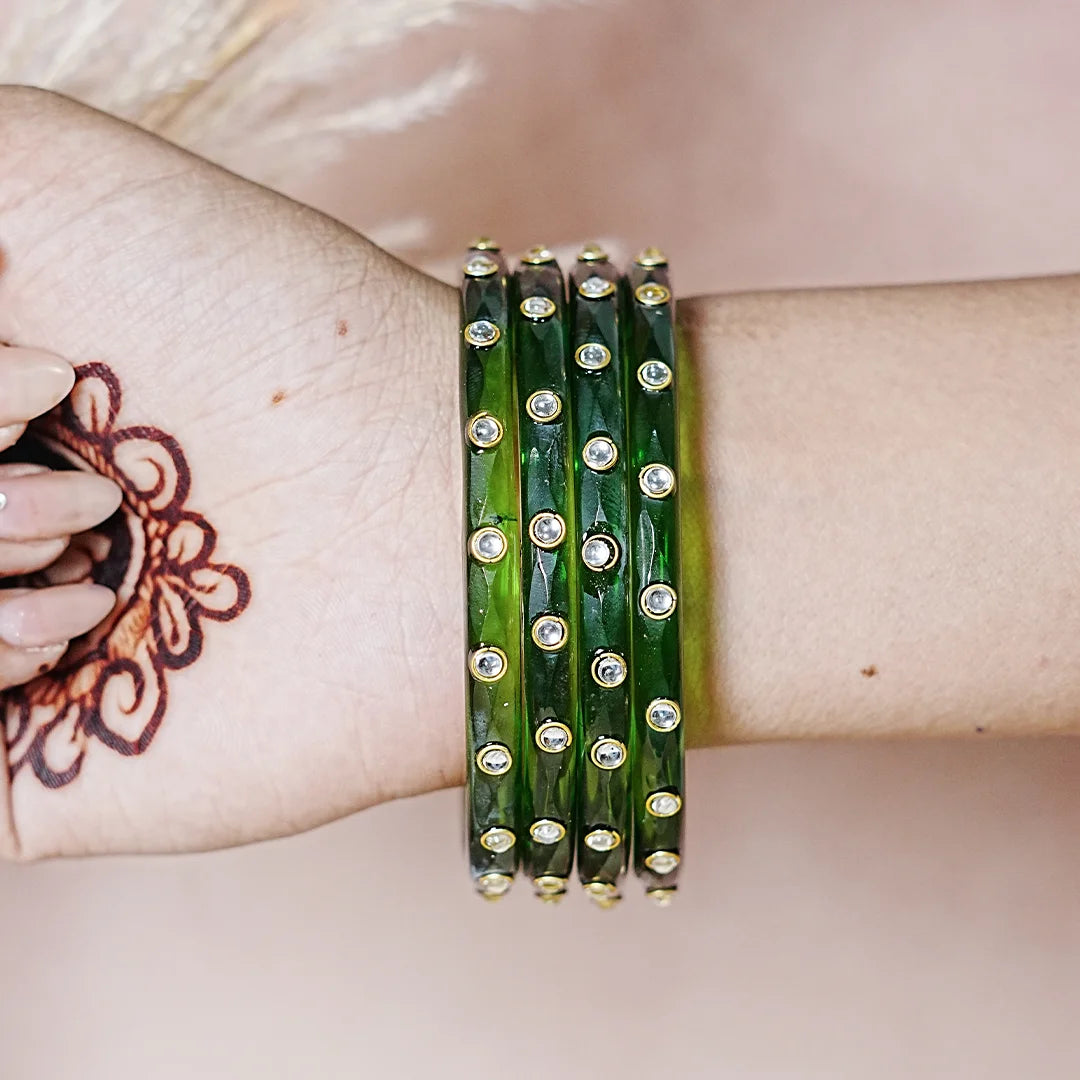 Fancy Glass Kada Bangles with Kundan Work and Smooth Finish for Women & Girls (Pack of 4)