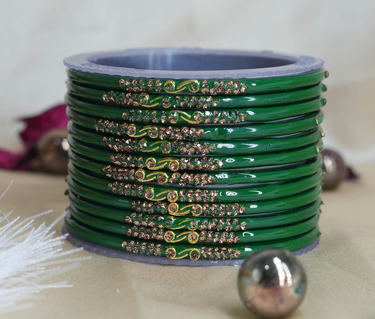 Traditional Glass Bangles with Zircon Beads Studded for Women & Girls (Pack of 12 bangles)