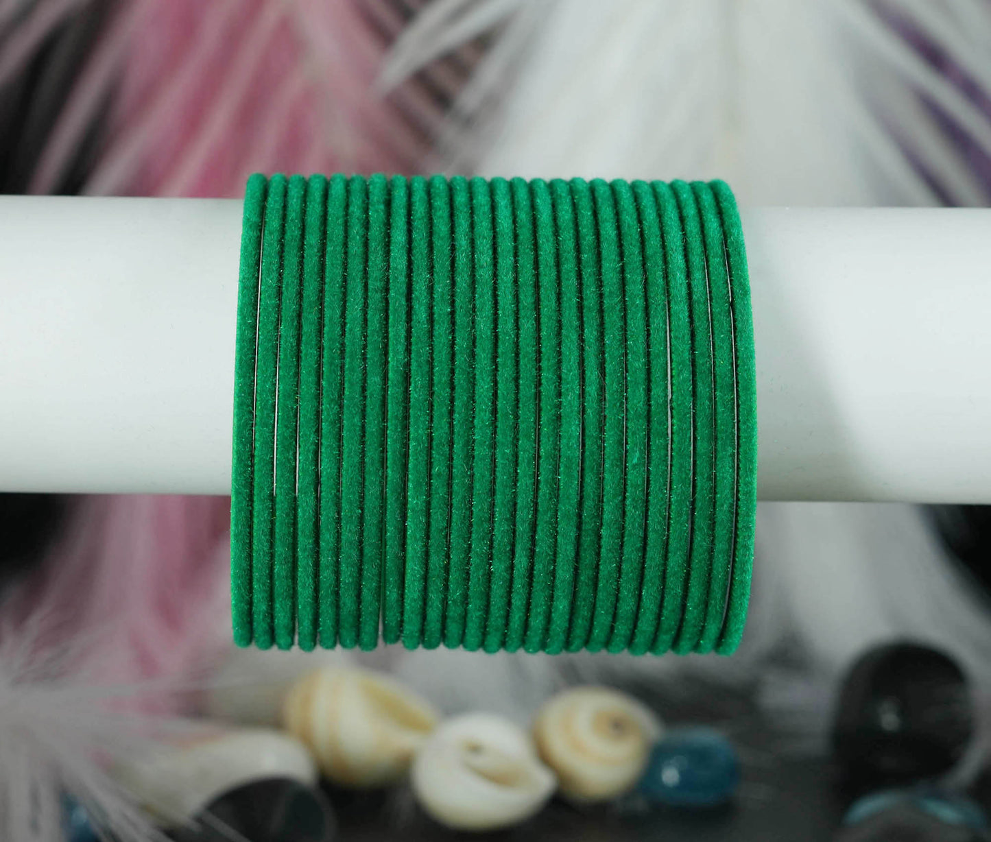 Green Color Velvet Metal Bangles for Women & Girls (Pack of 24)