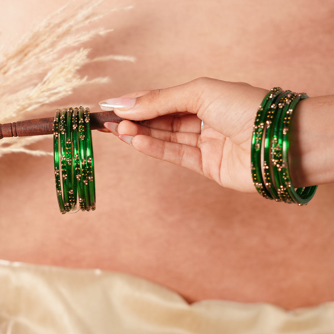 Glass Bangle with Beads Studded for Women & Girls (Pack of 12 Bangles)
