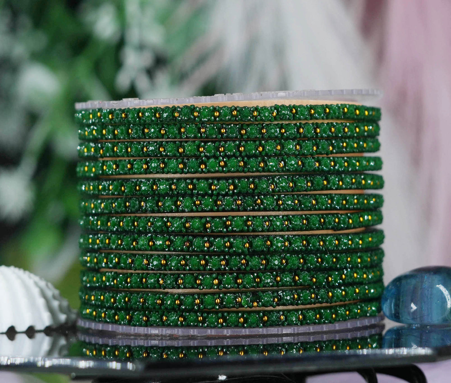 Glass Bangle with Golden Ball Studded for Women & Girls (Pack of 12 Bangles)