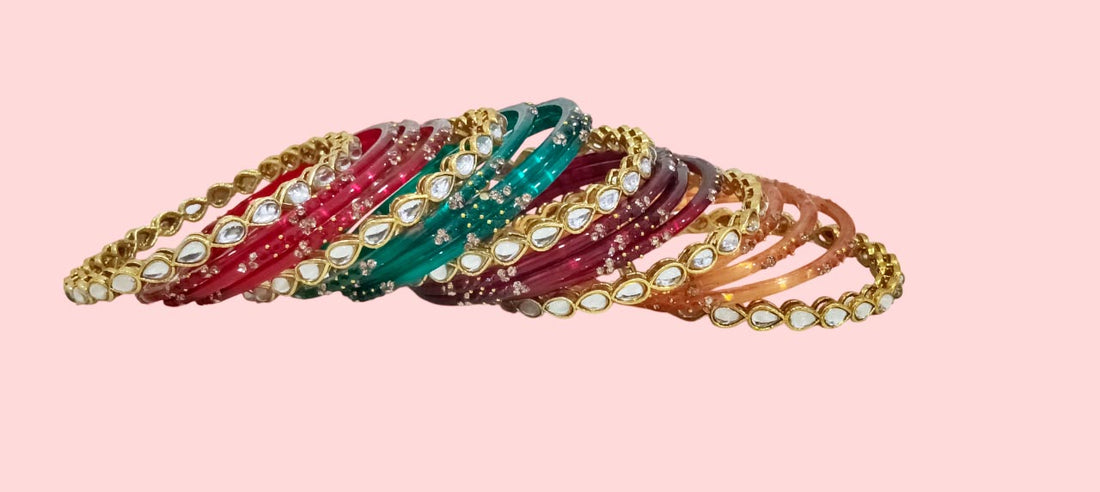 Traditional Glass Bangles Set for Women | Gold Plated with Kundan Stone (Both Hand)