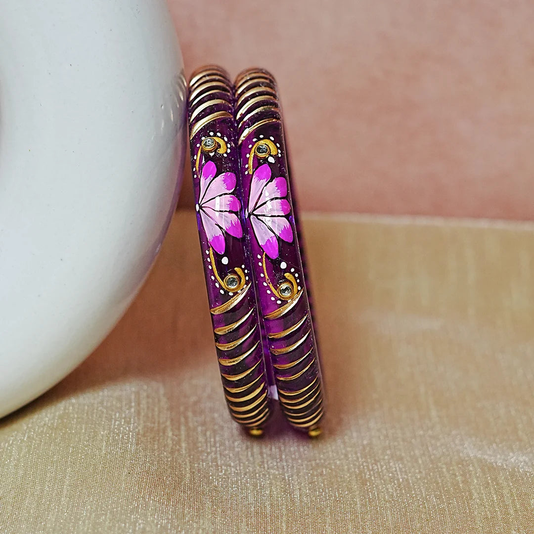 Handcrafted Lotus Printed Pattern Glass Kada for Women (Pack of 2)