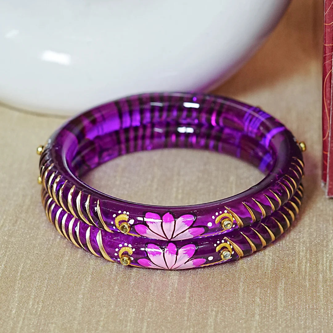 Handcrafted Lotus Printed Pattern Glass Kada for Women (Pack of 2)